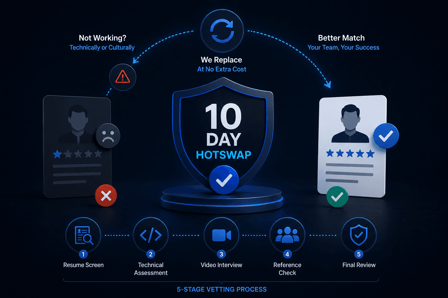 Hireboard 10 day hotswap guarantee and 5-stage vetting process