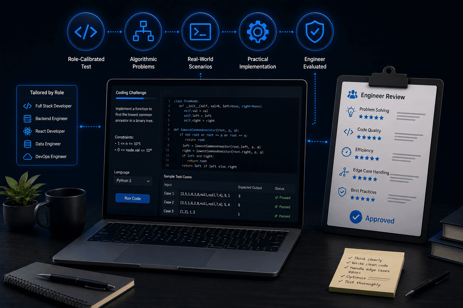 Role-calibrated coding challenge and engineer review scorecard